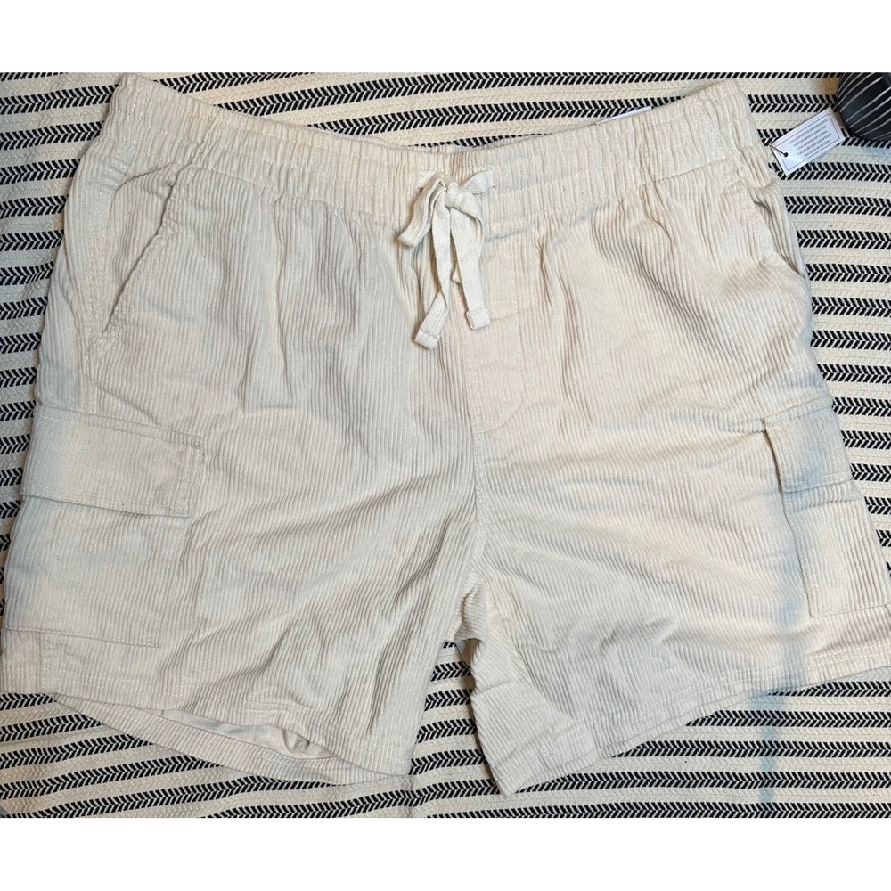 NO BOUNDARIES Mens Corduroy‎ cotton  Cargo Shorts Cream Elastic Waist Drawstring